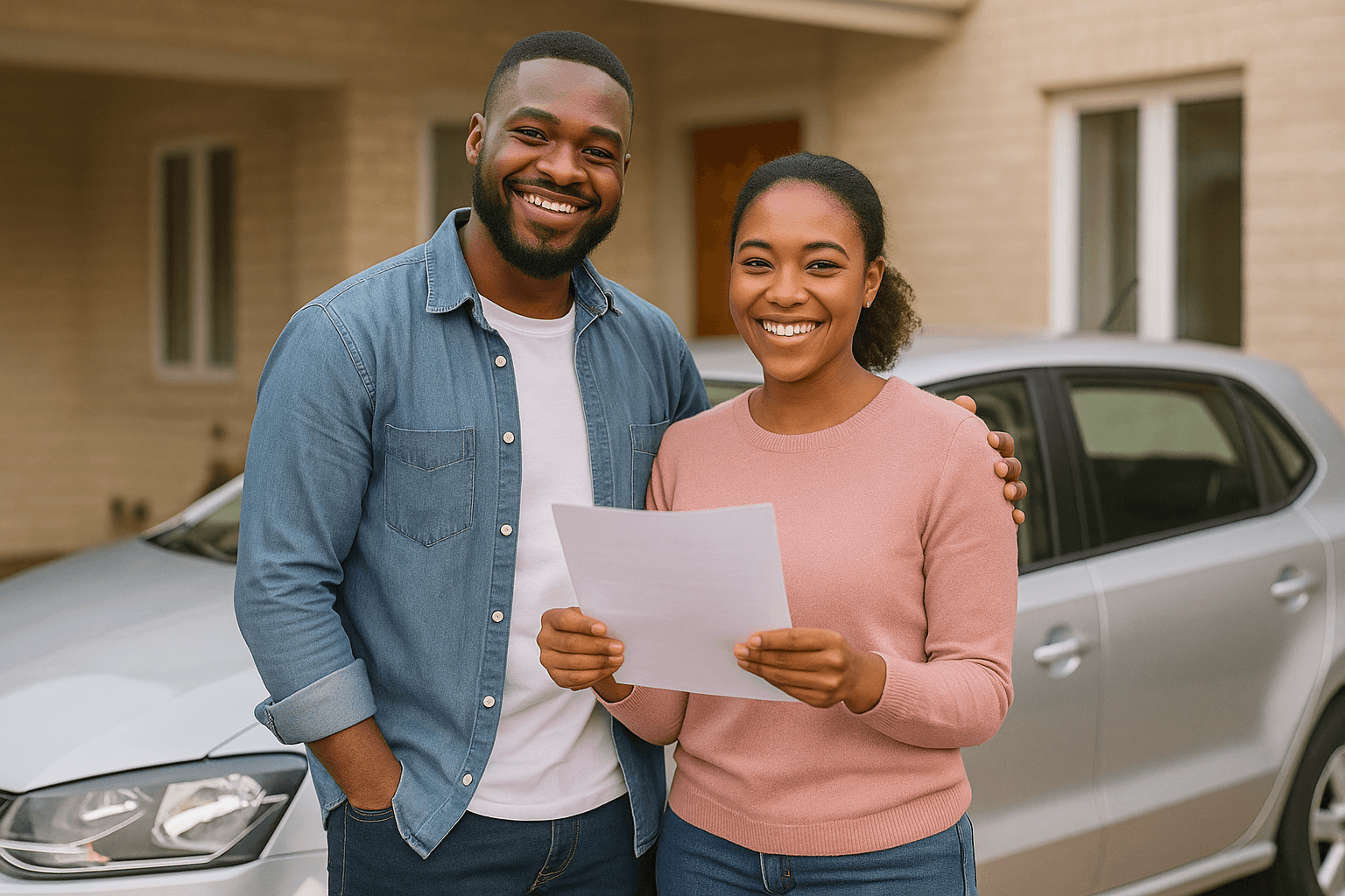 Happy couple holding vehicle refinance approval document next to their car in South Africa