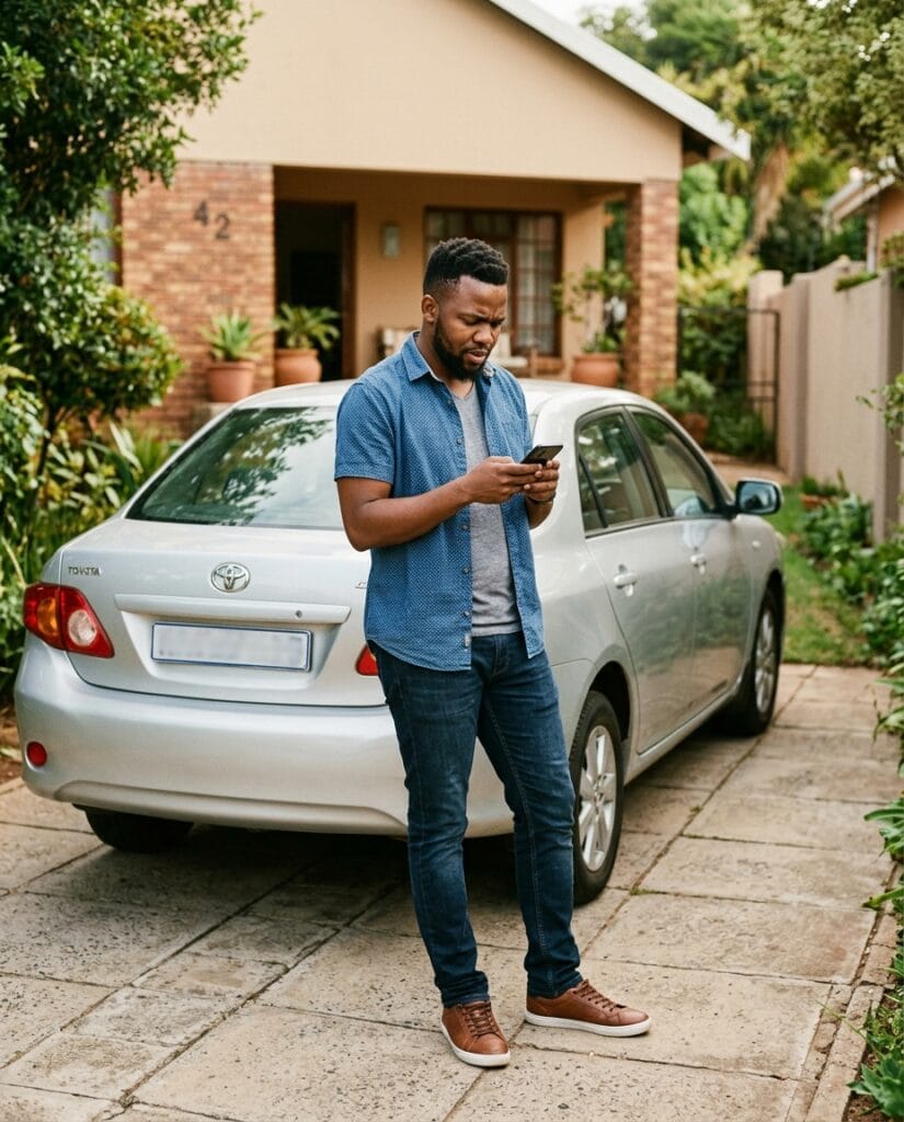 Man beside his sedan checking on his phone what he should know before restructuring his vehicle finance