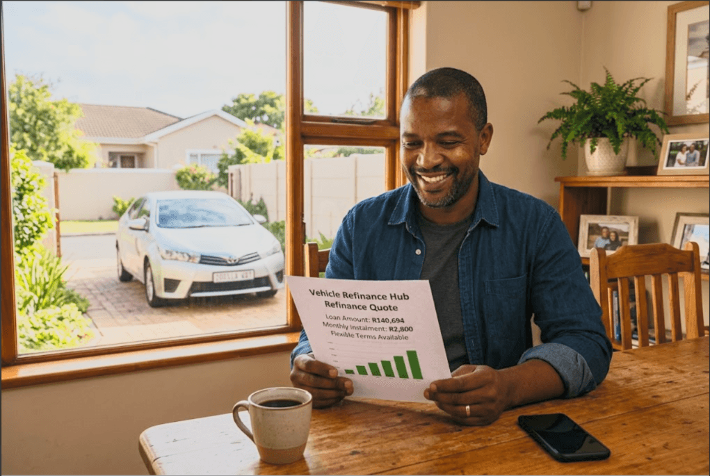 Client at home reviewing his vehicle refinance quote with a lower monthly instalment